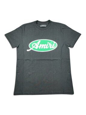 AMIRI Green Oval Script Logo T-Shirt Black Cotton Crewneck Size Small